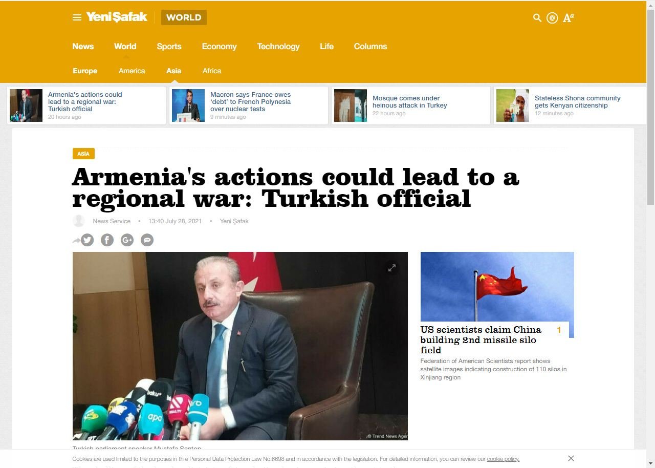 Новости АМИ Trend на английском языке начали публиковаться на сайте авторитетной турецкой газеты Yenişafak