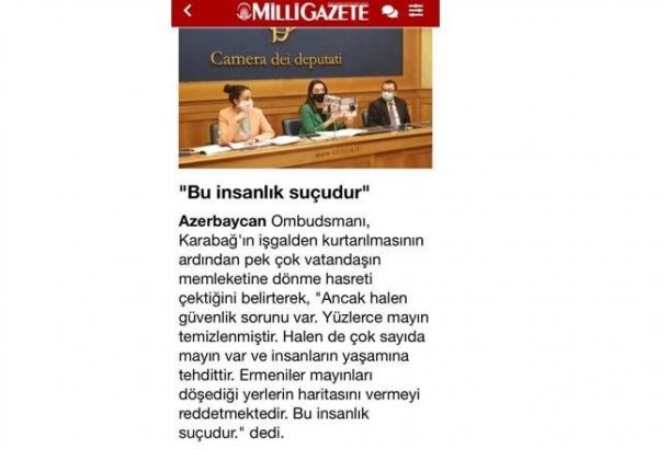 İtaliya və Türkiyə mətbuatı Azərbaycan Ombudsmanının Ermənistanla bağlı hesabatlarından yazıb