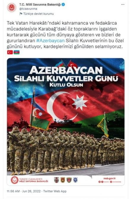 Министерство нацбороны Турции поделилось публикацией по случаю Дня вооруженных сил Азербайджана