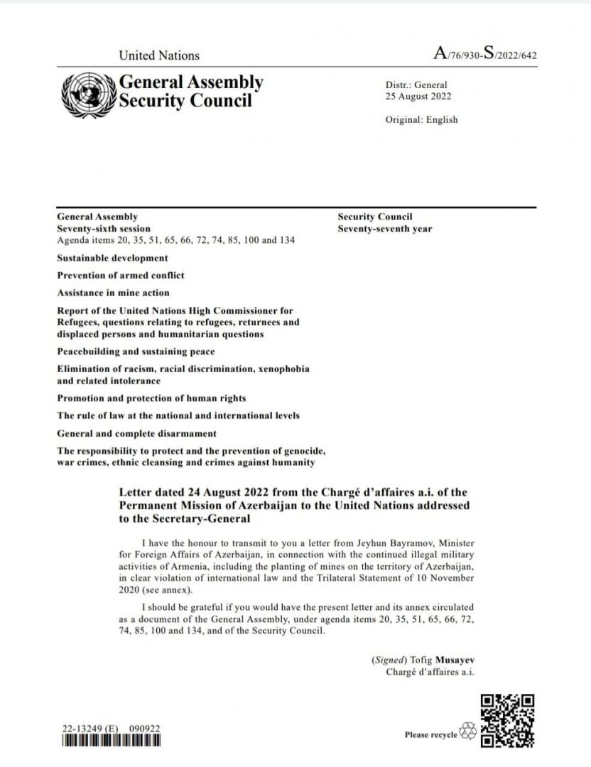 Letter of Azerbaijani MFA about Armenian military provocation published as document of the UN (PHOTO)