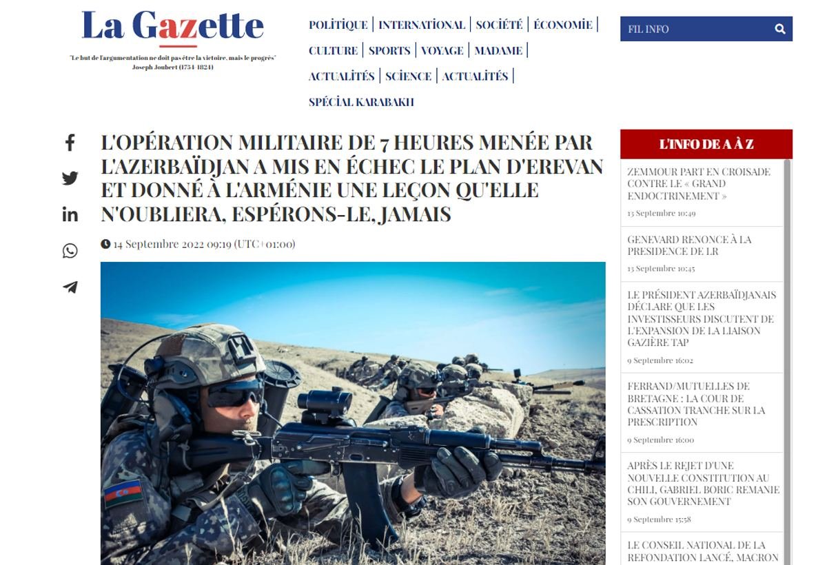 French media highlights Azerbaijani army responding to provocation of Armenia