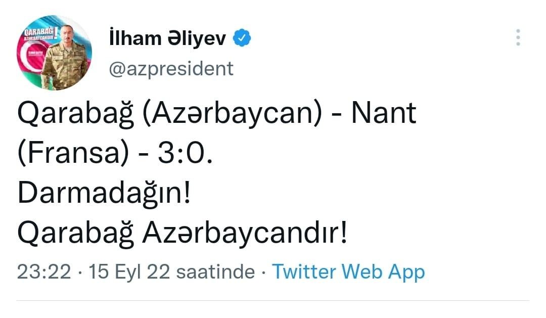 Prezident İlham Əliyev "Qarabağ" futbol klubunun qələbəsi ilə bağlı paylaşım edib (FOTO)