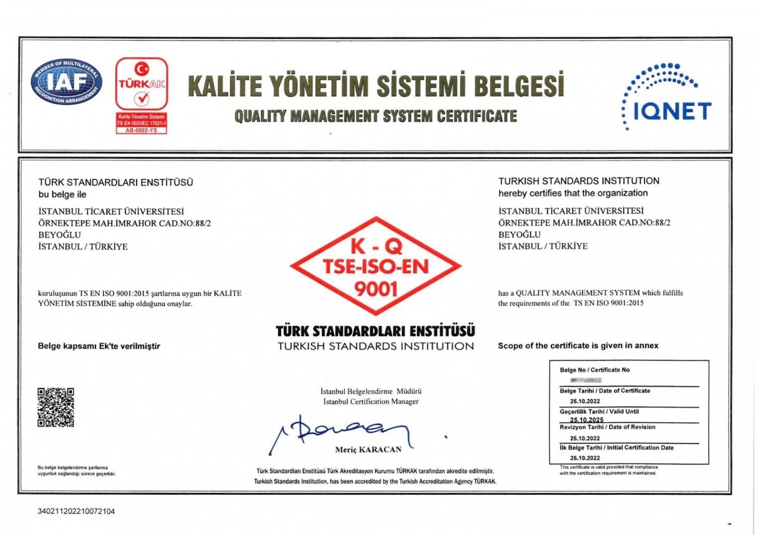 Istanbul Commerce University obtains quality management system certificate