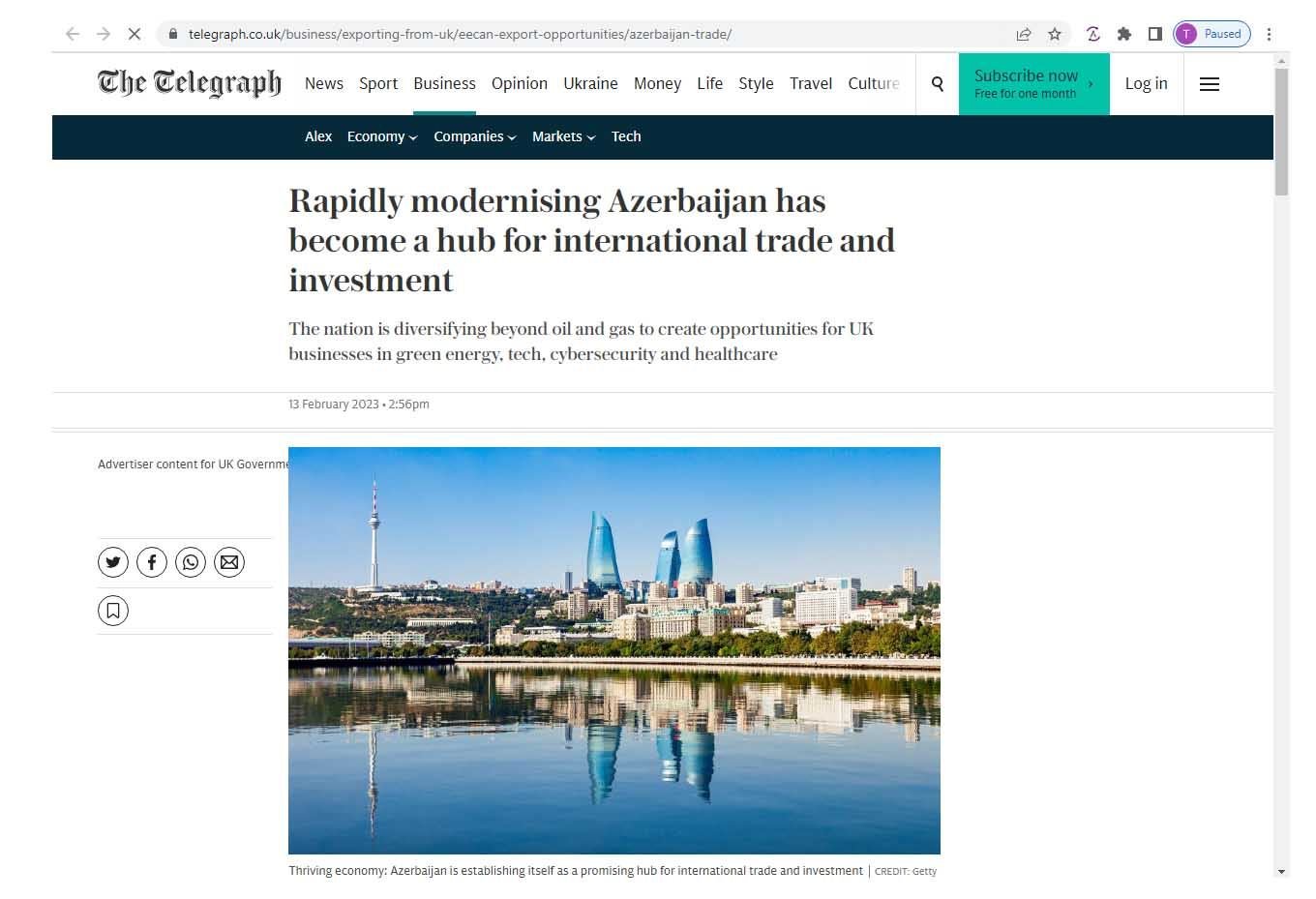 Азербайджан становится центром международной торговли и инвестиций - The Daily Telegraph