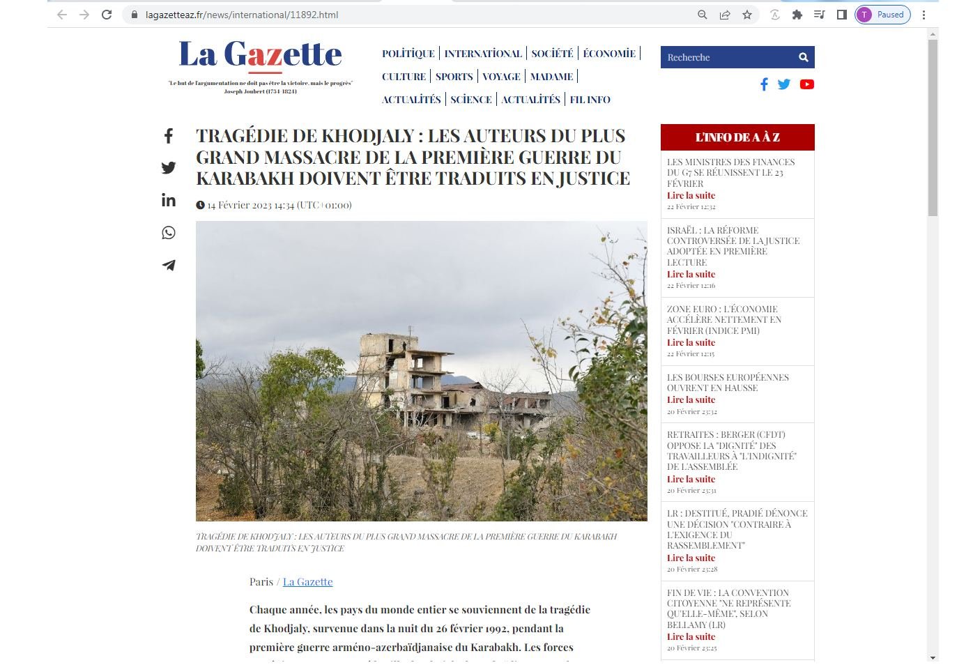 Xocalı soyqırımında təqsiri olanlar məsuliyyətə cəlb olunmalıdırlar - Fransanın "La Gazette" nəşri